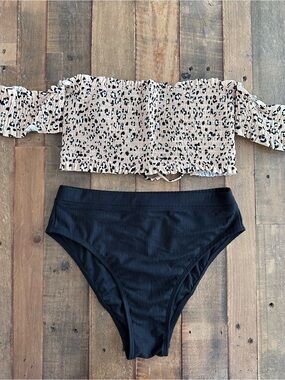 Smocked Underwire Bandeau Bikini Swim Top & High Rise Cheeky Bottoms